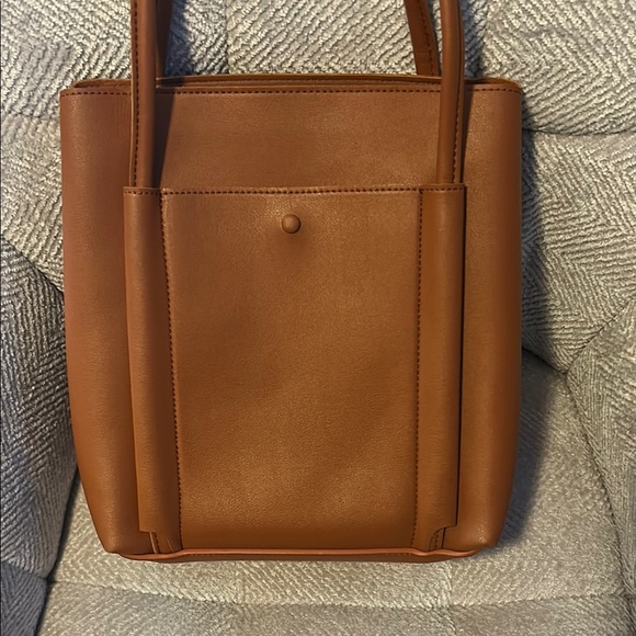 Expressions NYC Brown Vegan Leather Tote Bag with Pom Pom Charm - Picture 3 of 6